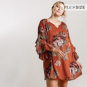 Umgee Plus Sunset Mix Floral Bell Sleeve Dress